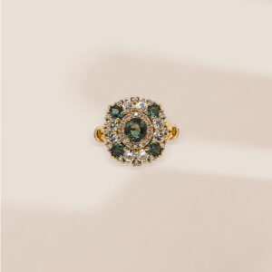 Bague création Saphir teal, saphir teal poire, diamants, or jaune